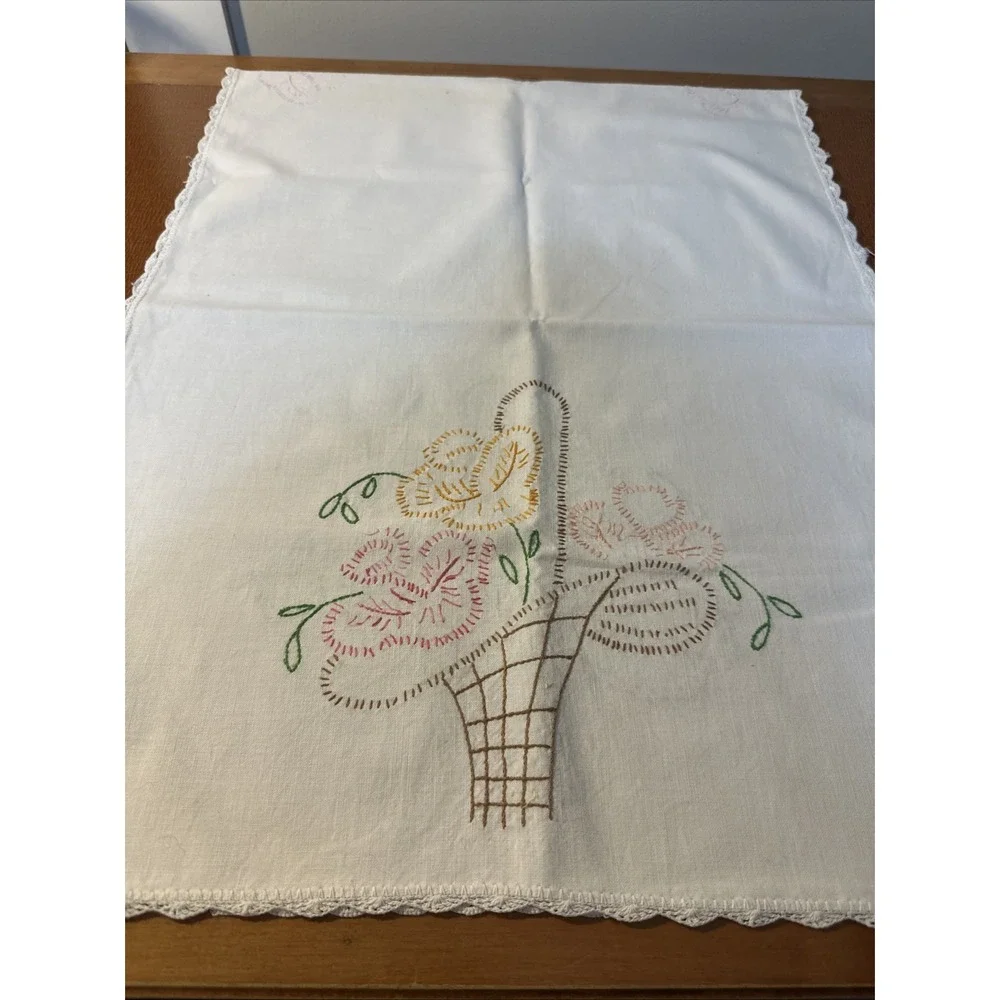 Vtg Linen Hand Embroidered Table Runner Or Large Dresser Scarf With Crochet Lace